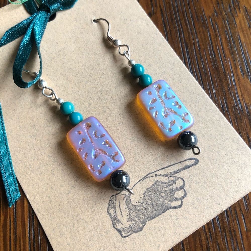Handmade Sterling, Hematite, Turquoise and Iridescent Glass Bead Earrings